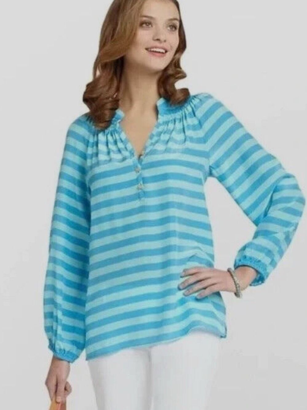NWOT ⭐️Rare⭐️ Lilly Pulitzer Elsa 100% Silk blouse green/Blue Stripe, Sm $128 G4